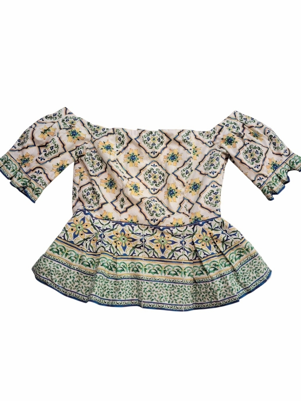 ANTONIO MELANI Cream Off-Shoulder Peplum Top with Green and Blue Print